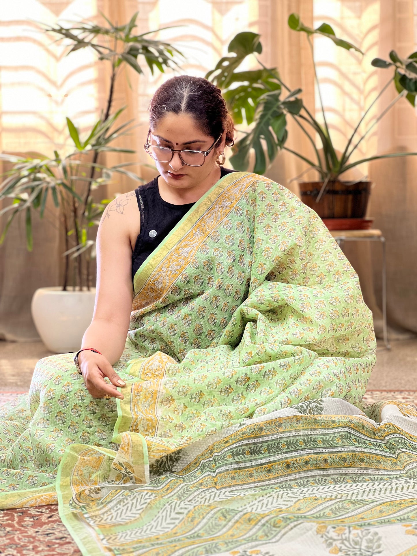 Green Handblock Printed Kota Doria Saree