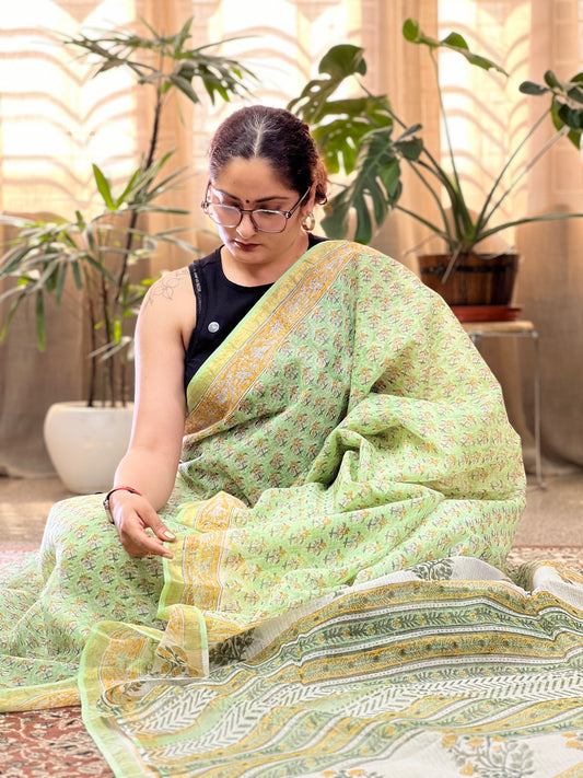 Green Handblock Printed Kota Doria Saree