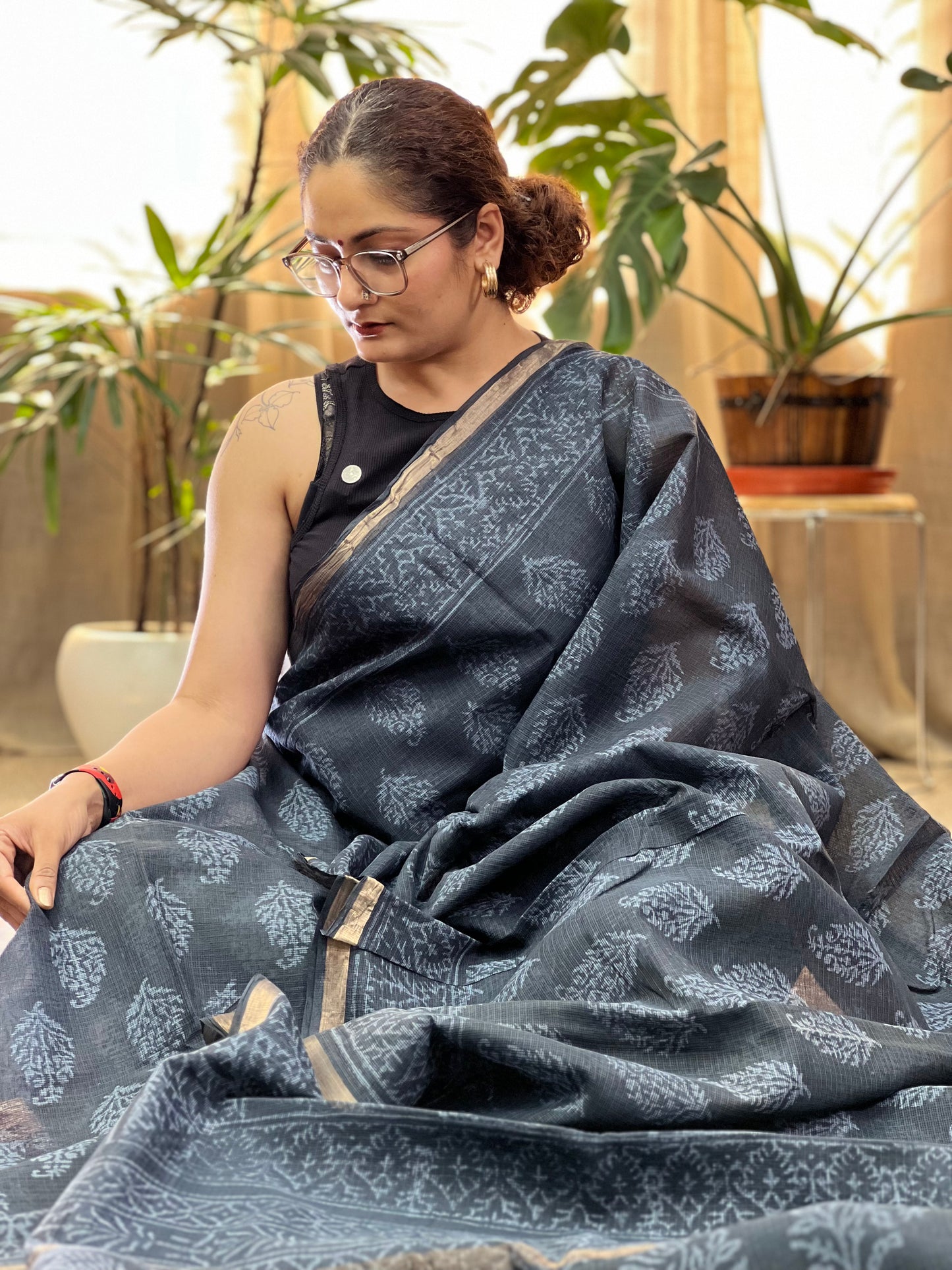 Black Handblock Printed Kota Doria Saree