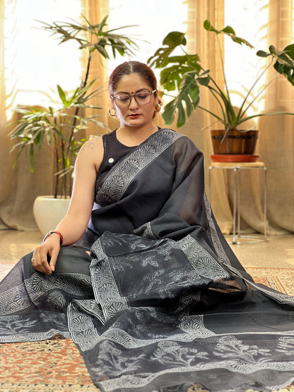 Black Handblock Printed Kota Doria Saree