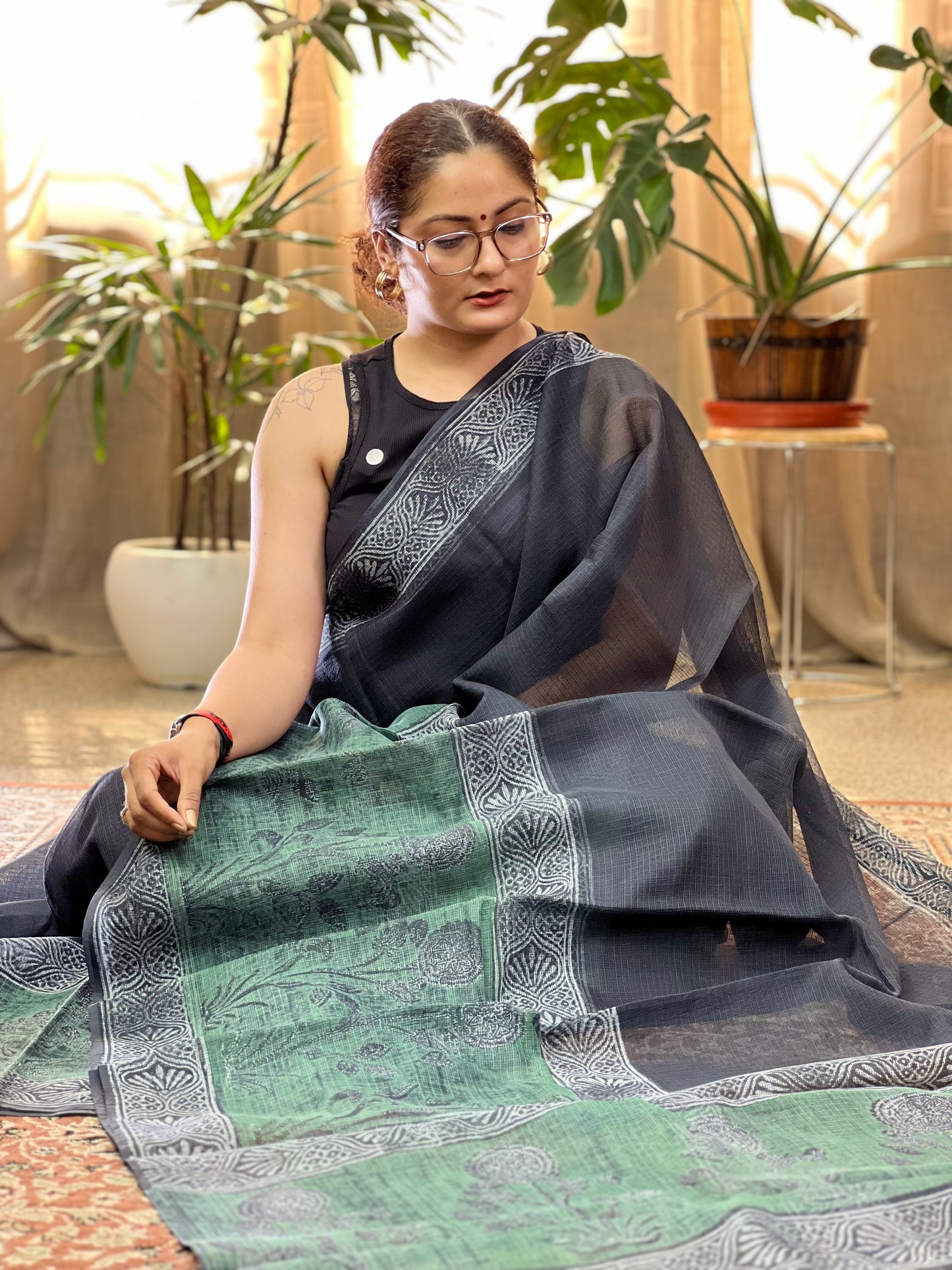 Black Handblock Printed Kota Doria Saree