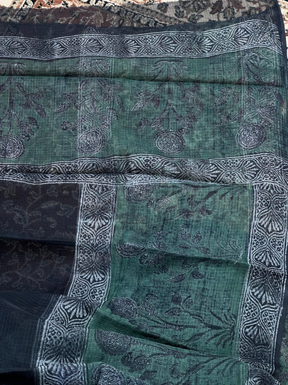 Black Handblock Printed Kota Doria Saree