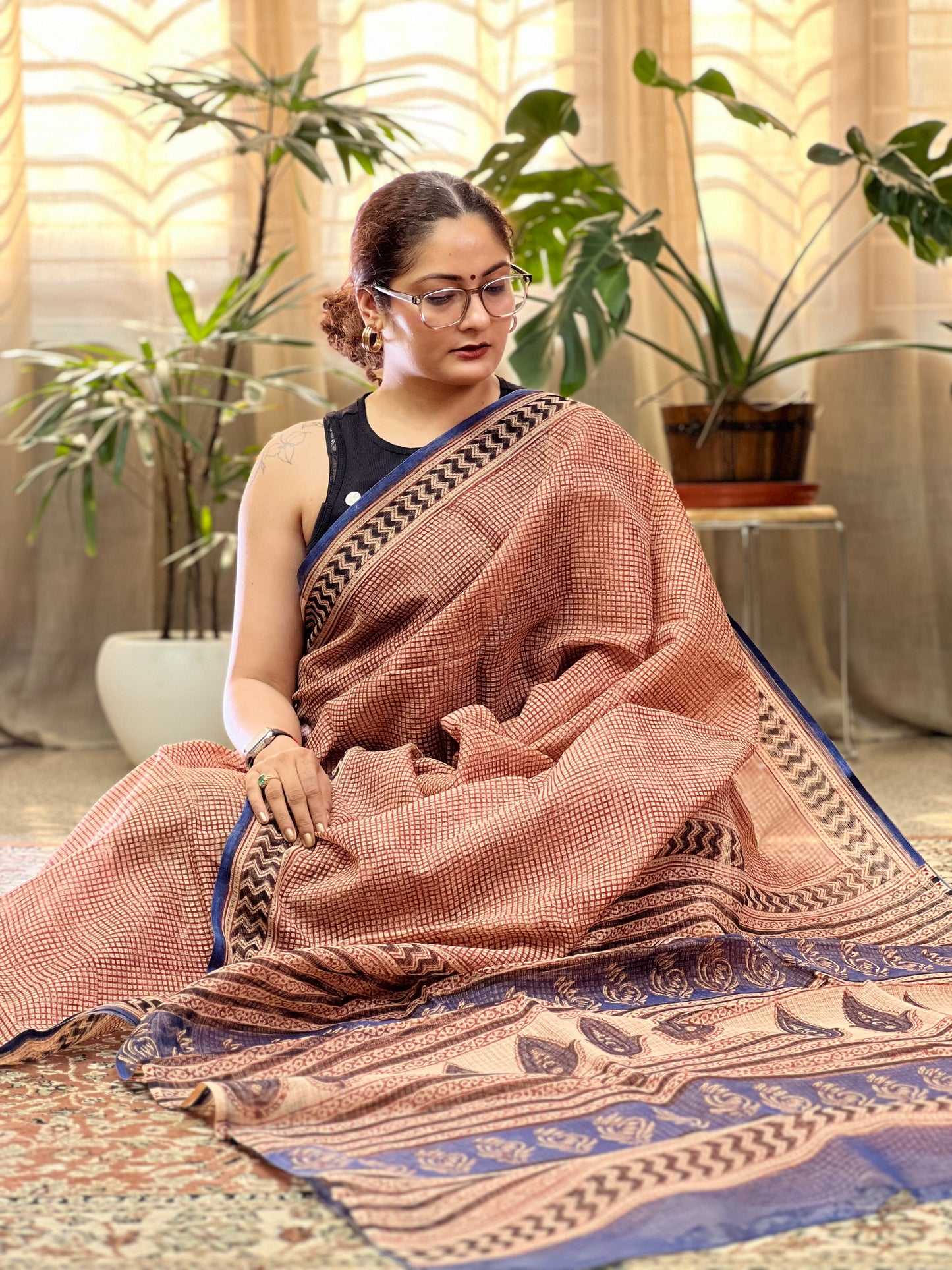 Maroon Handblock Printed Kota Doria Saree