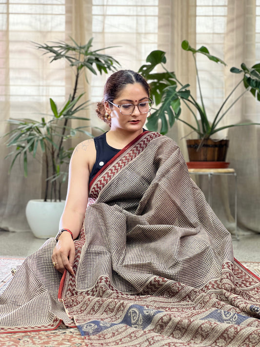 Black Handblock Printed Kota Doria Saree