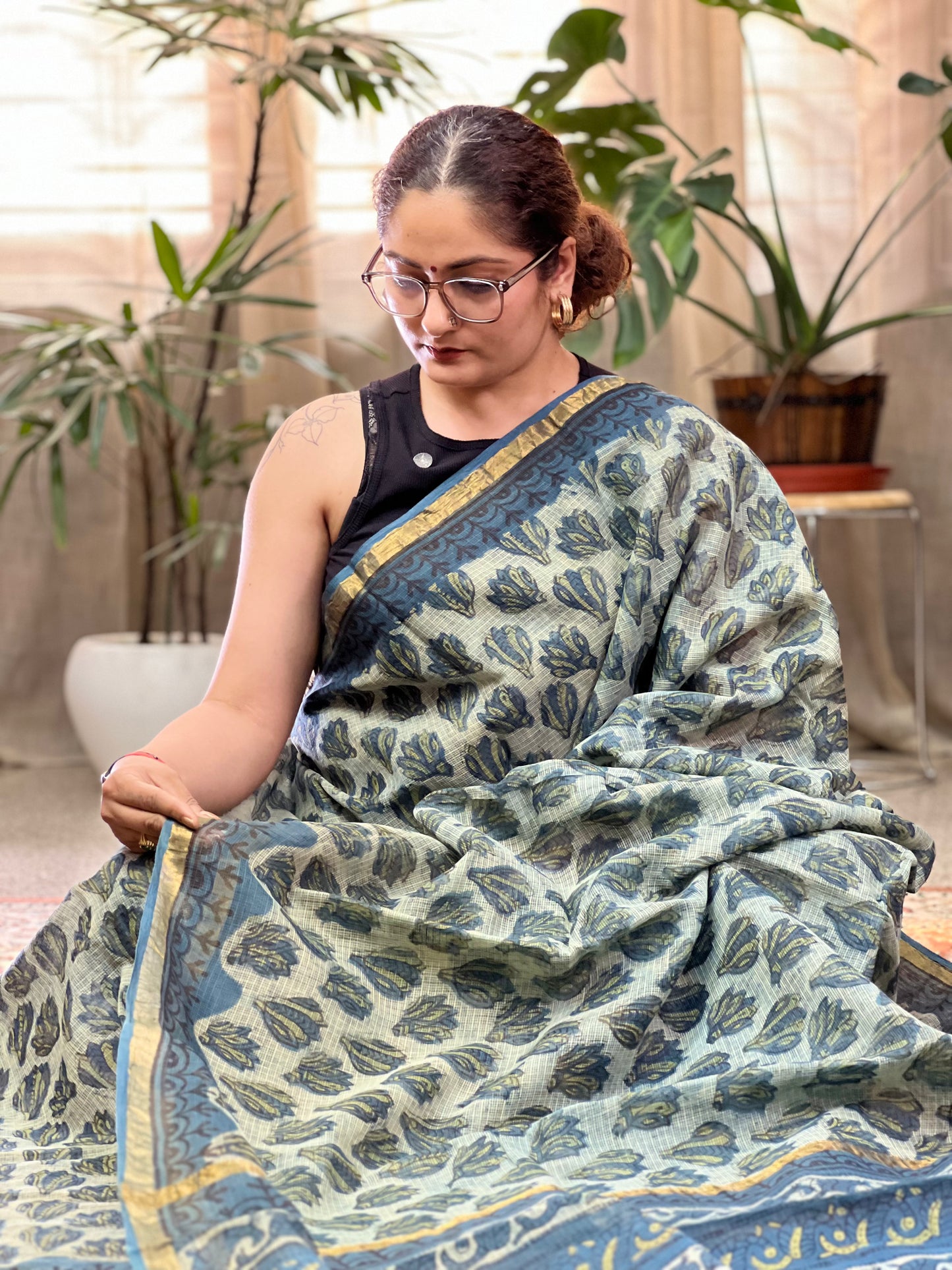 Indigo Handblock Printed  Kota Doria Saree