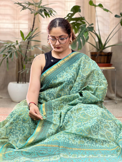 Green Handblock Printed Kota Doria Saree