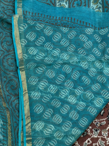 Green Handblock Printed Kota Doria Saree