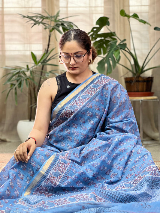 Blue Handblock Printed Kota Doria Saree