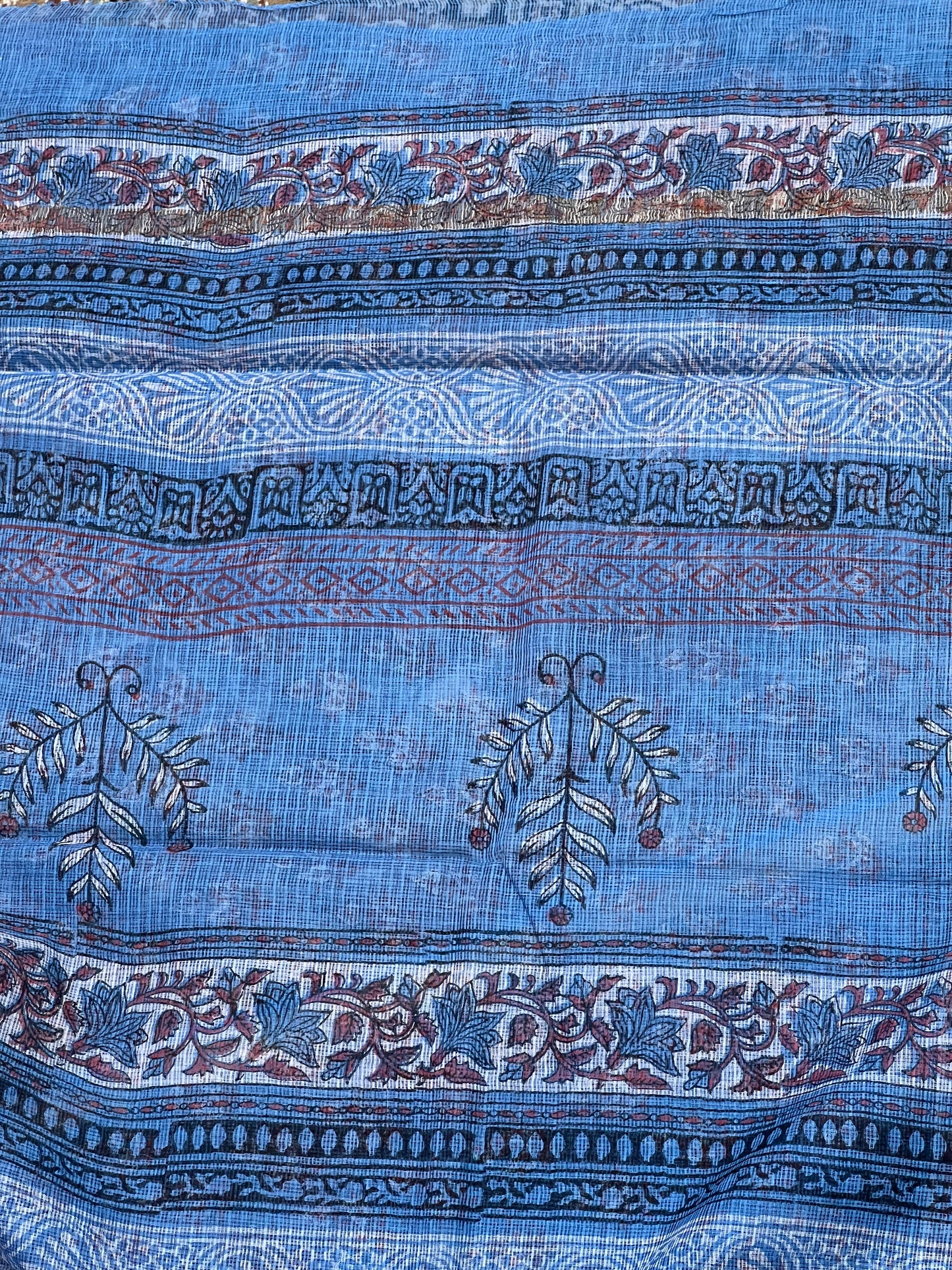 Blue Handblock Printed Kota Doria Saree