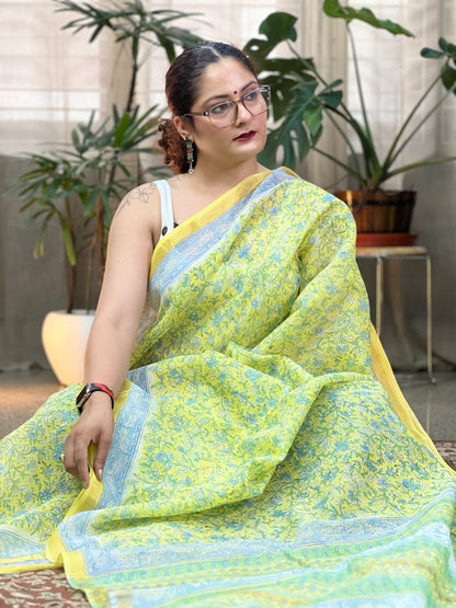 Yellow Handblock Printed Kota Doria Saree