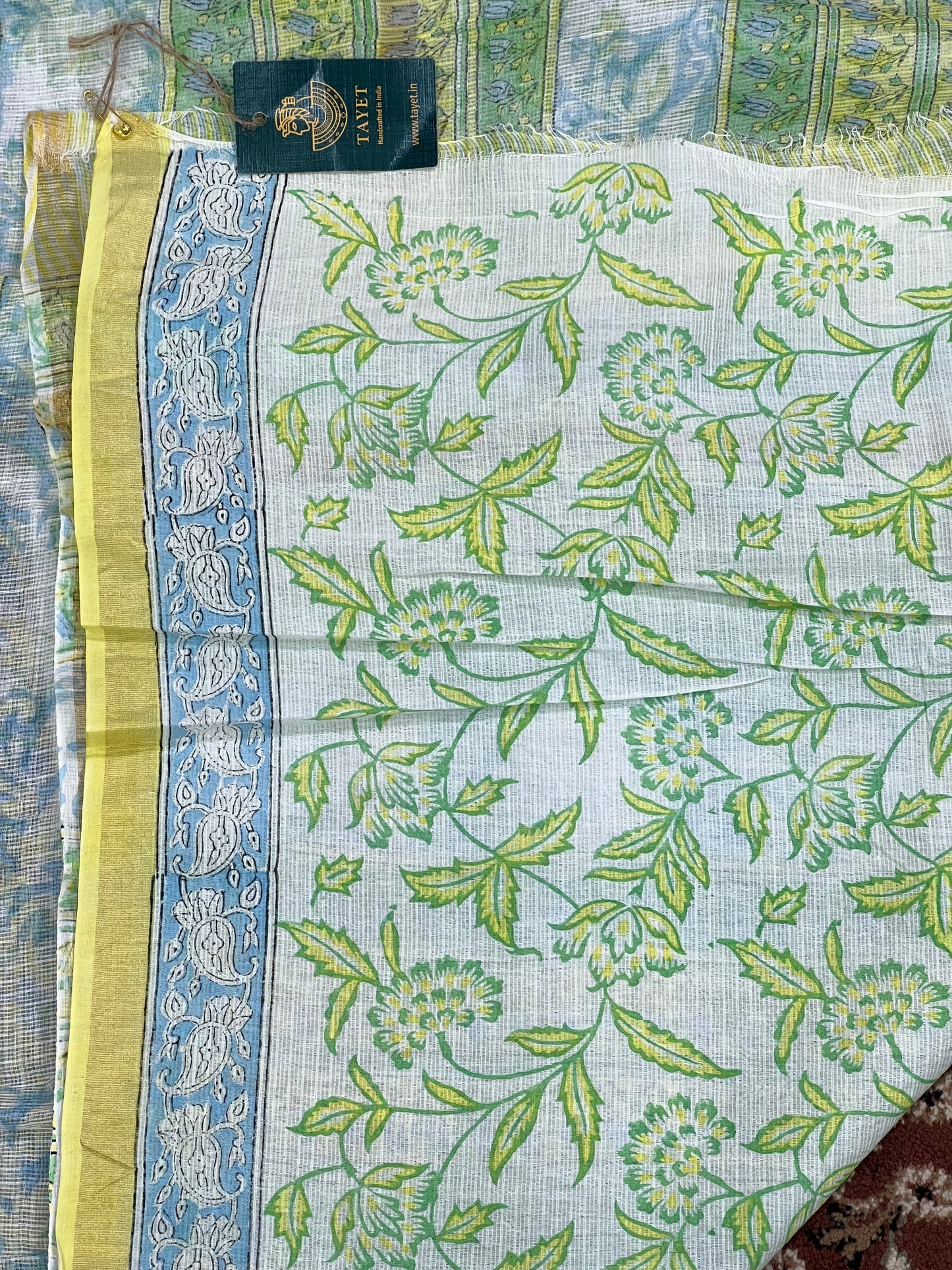 Yellow Handblock Printed Kota Doria Saree