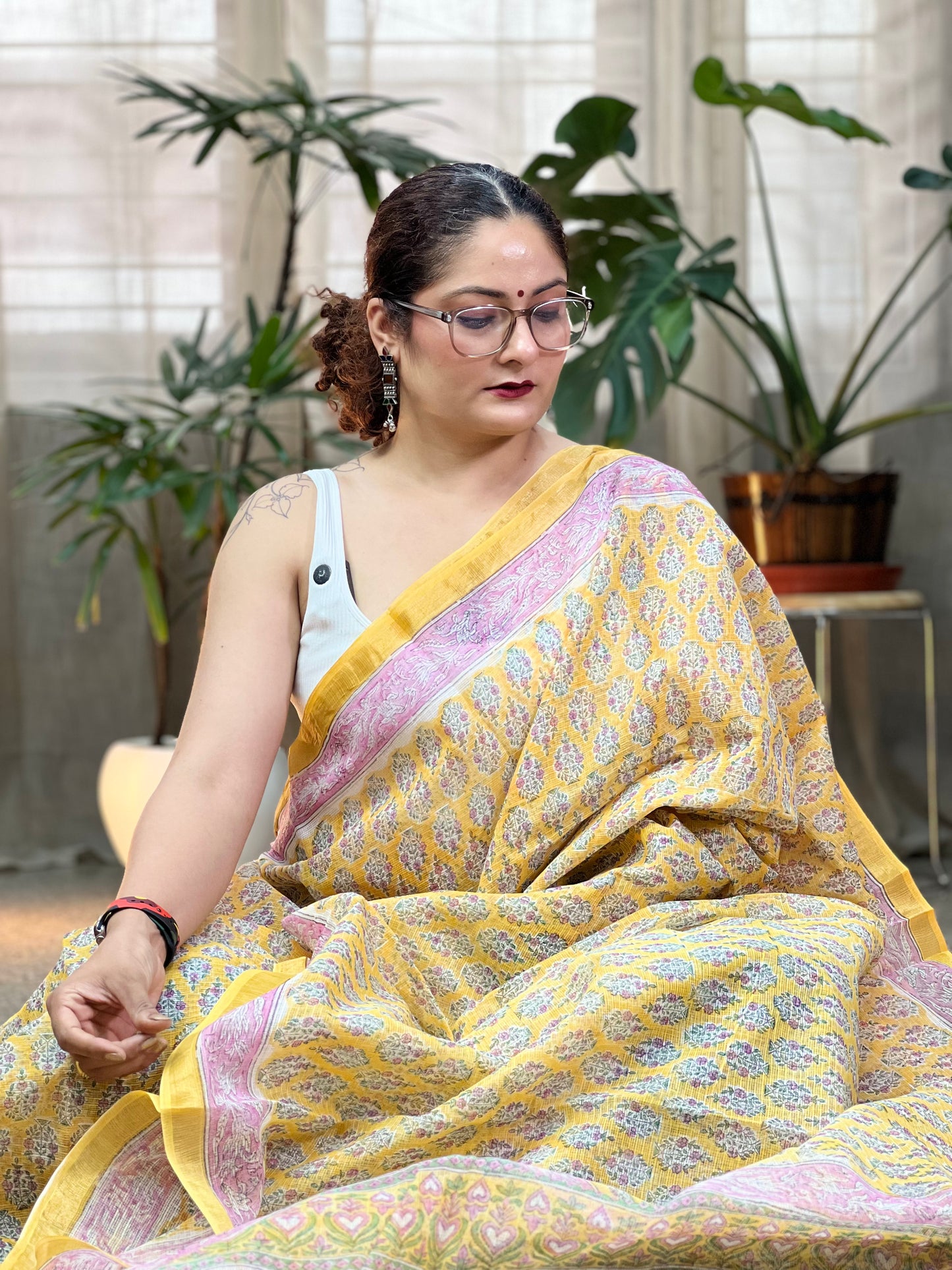 Yellow Handblock Printed Kota Saree