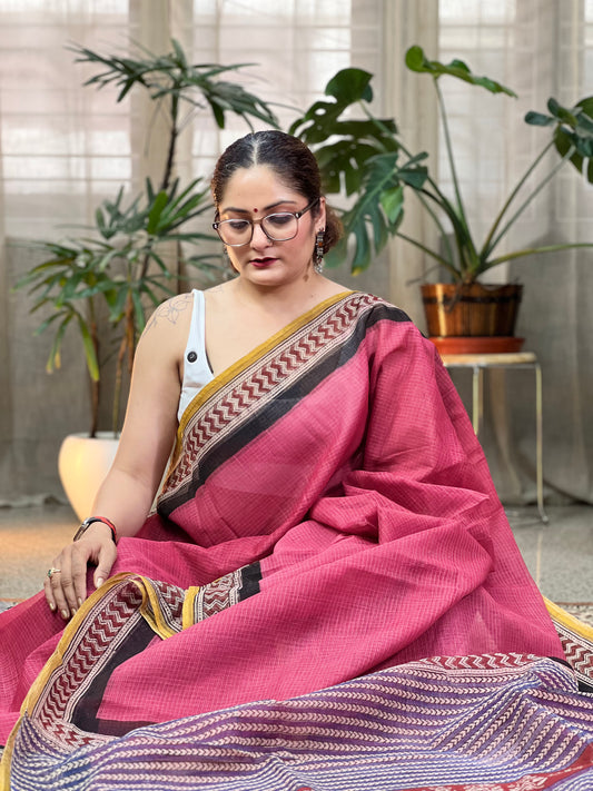 Pink Handblock Printed Kota Doria Saree