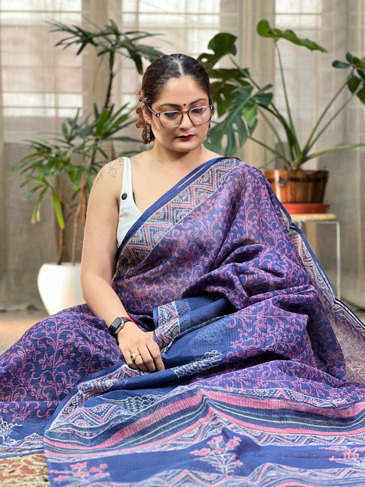 Blue Printed Kota Doria Saree