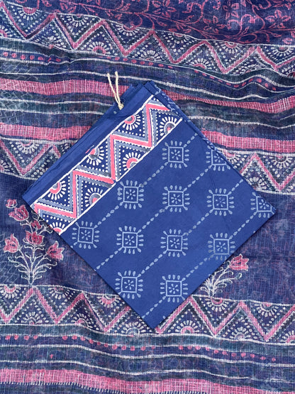 Blue Printed Kota Doria Saree