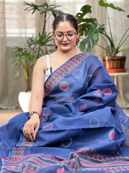 Blue Printed Kota Doria Saree