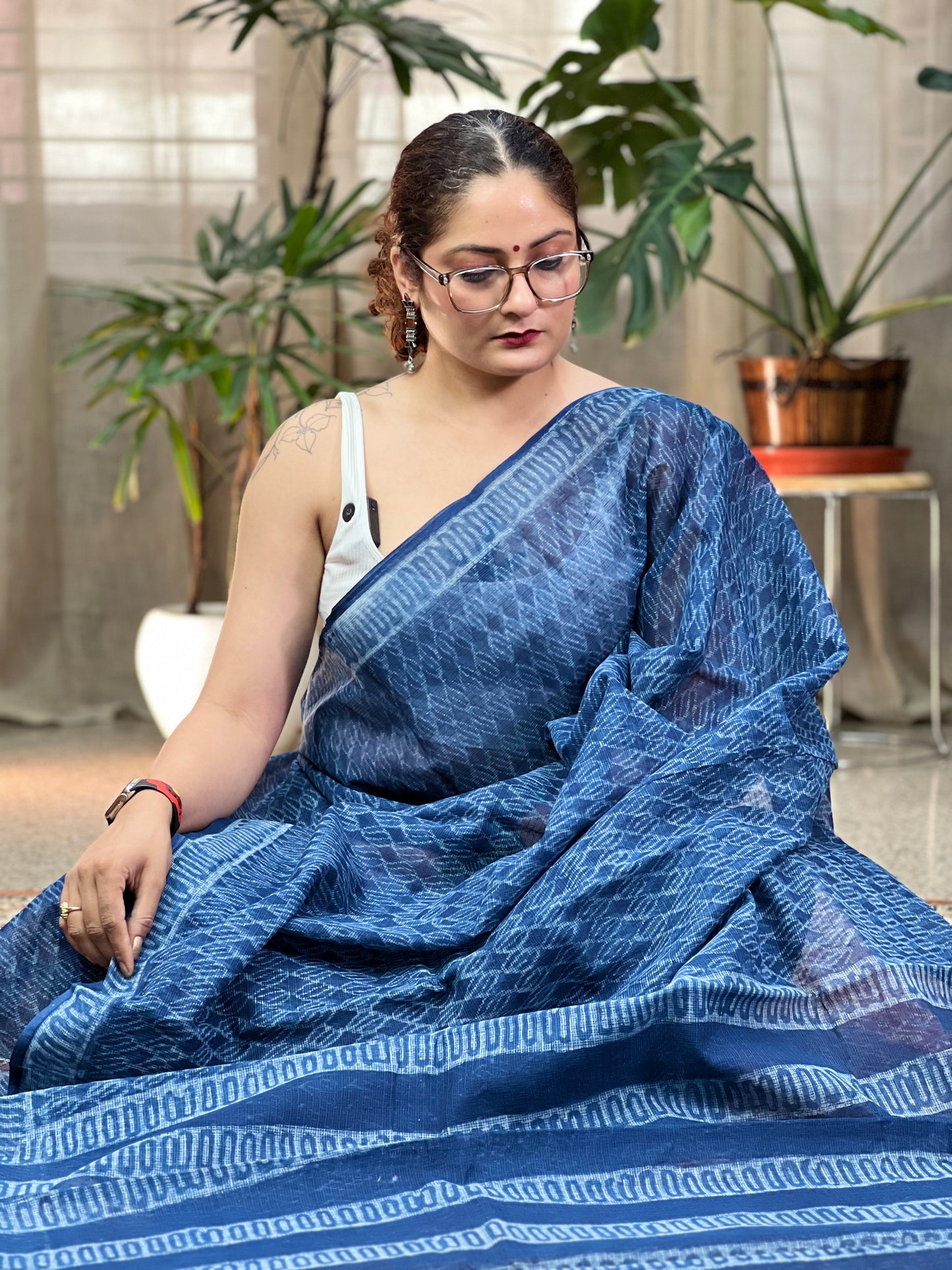 Indigo Printed Kota Doria Saree