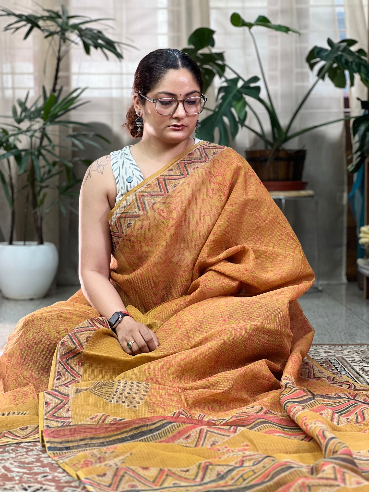 Yellow Printed Kota Doria Saree