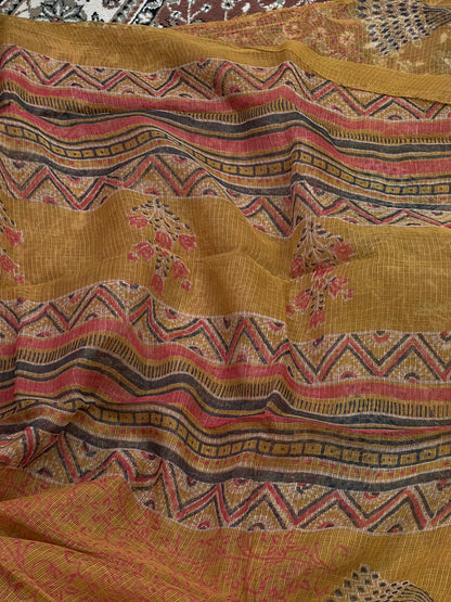 Yellow Printed Kota Doria Saree