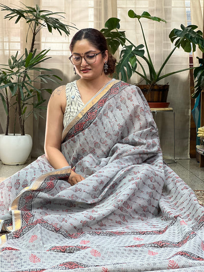 Grey Printed Kota Doria Saree