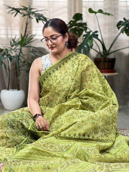 Green Printed Kota Doria Saree