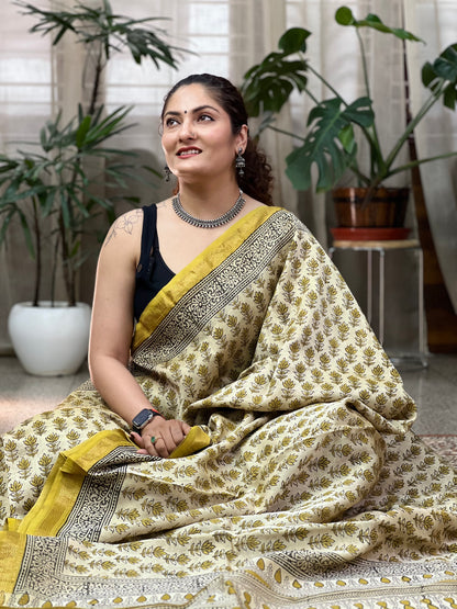 Beige Printed Cotton Silk Saree