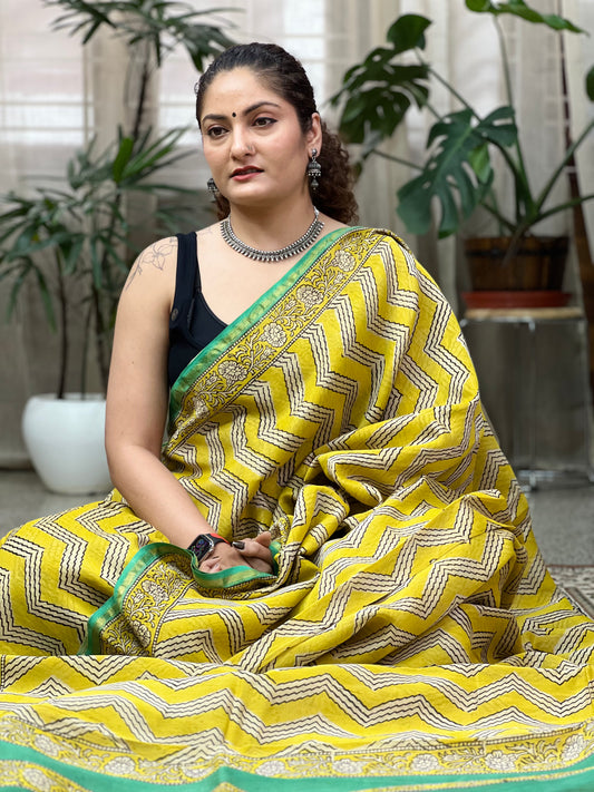 Yellow Printed Cotton Silk Saree