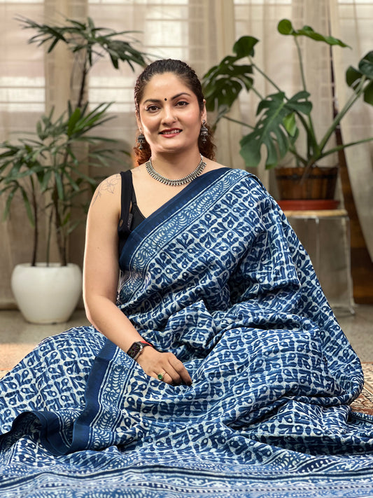 Indigo Printed Cotton Silk Saree