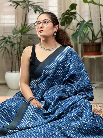 Indigo Printed Cotton Silk Saree