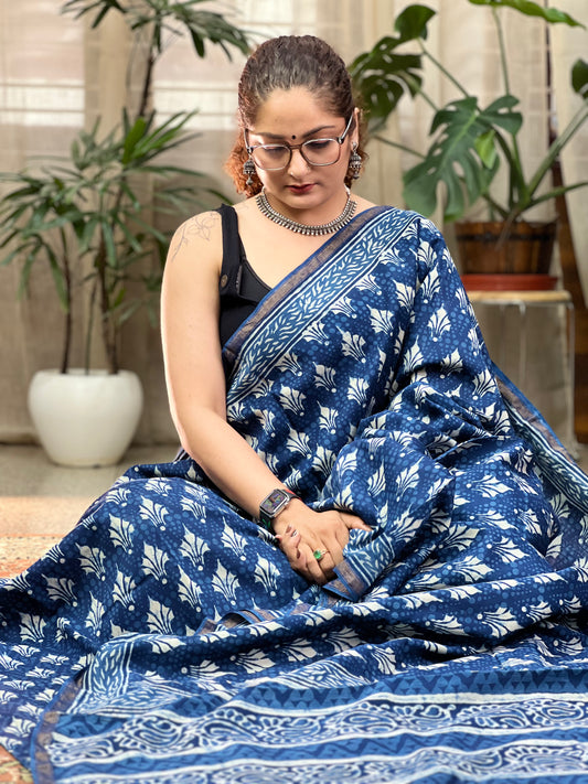 Indigo Printed Cotton Silk Saree