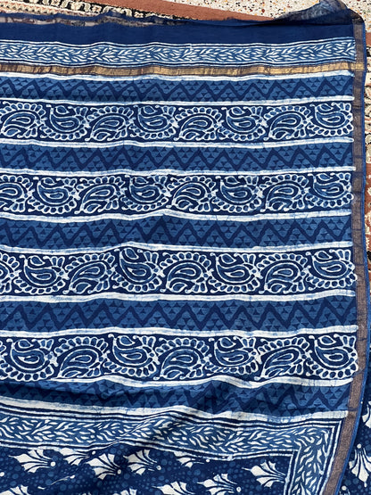 Indigo Printed Cotton Silk Saree