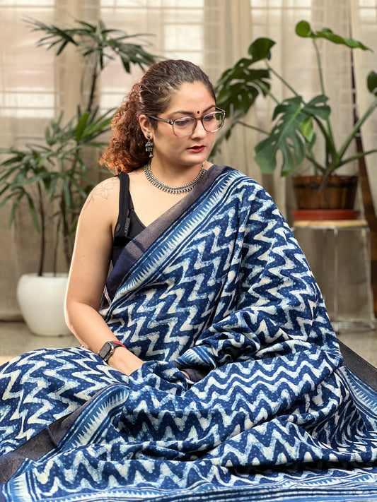 Indigo Printed Cotton Silk Saree