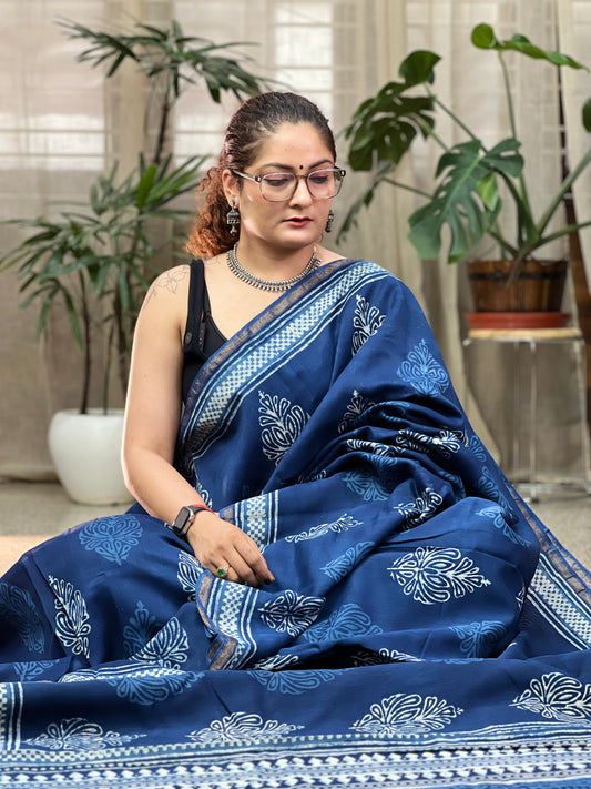 Indigo Printed Cotton Silk Saree