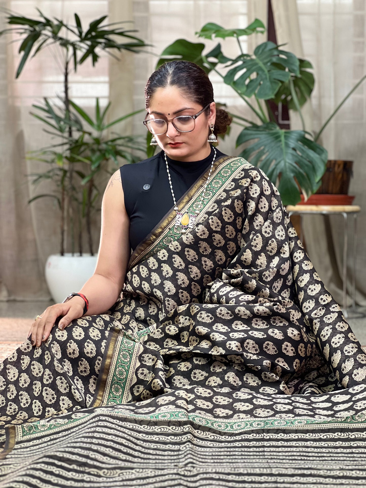 Black Printed Cotton Silk Saree