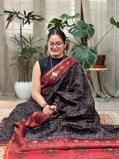 Black Printed Cotton Silk Saree