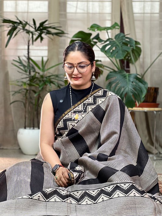 Black Printed Cotton Silk Saree