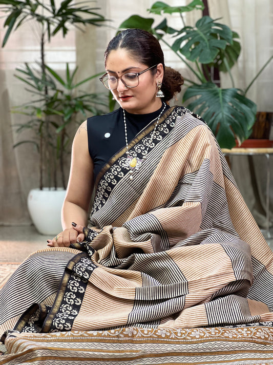 Black and Beige Printed Cotton Silk Saree