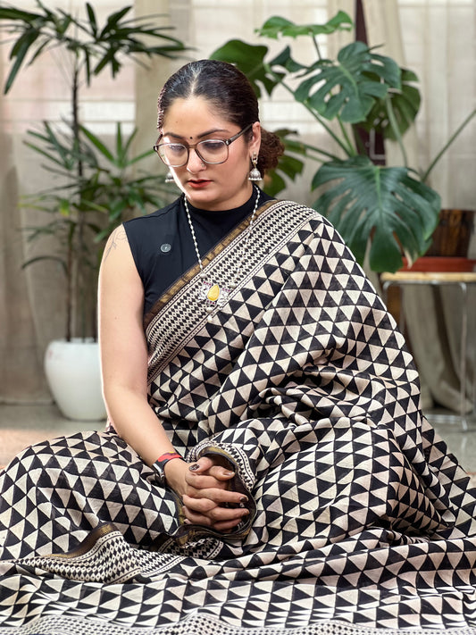 Black and White Cotton Silk Saree