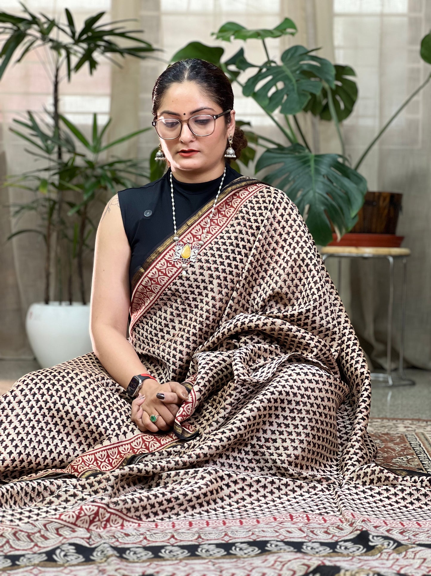 Beige Printed Cotton Silk Saree