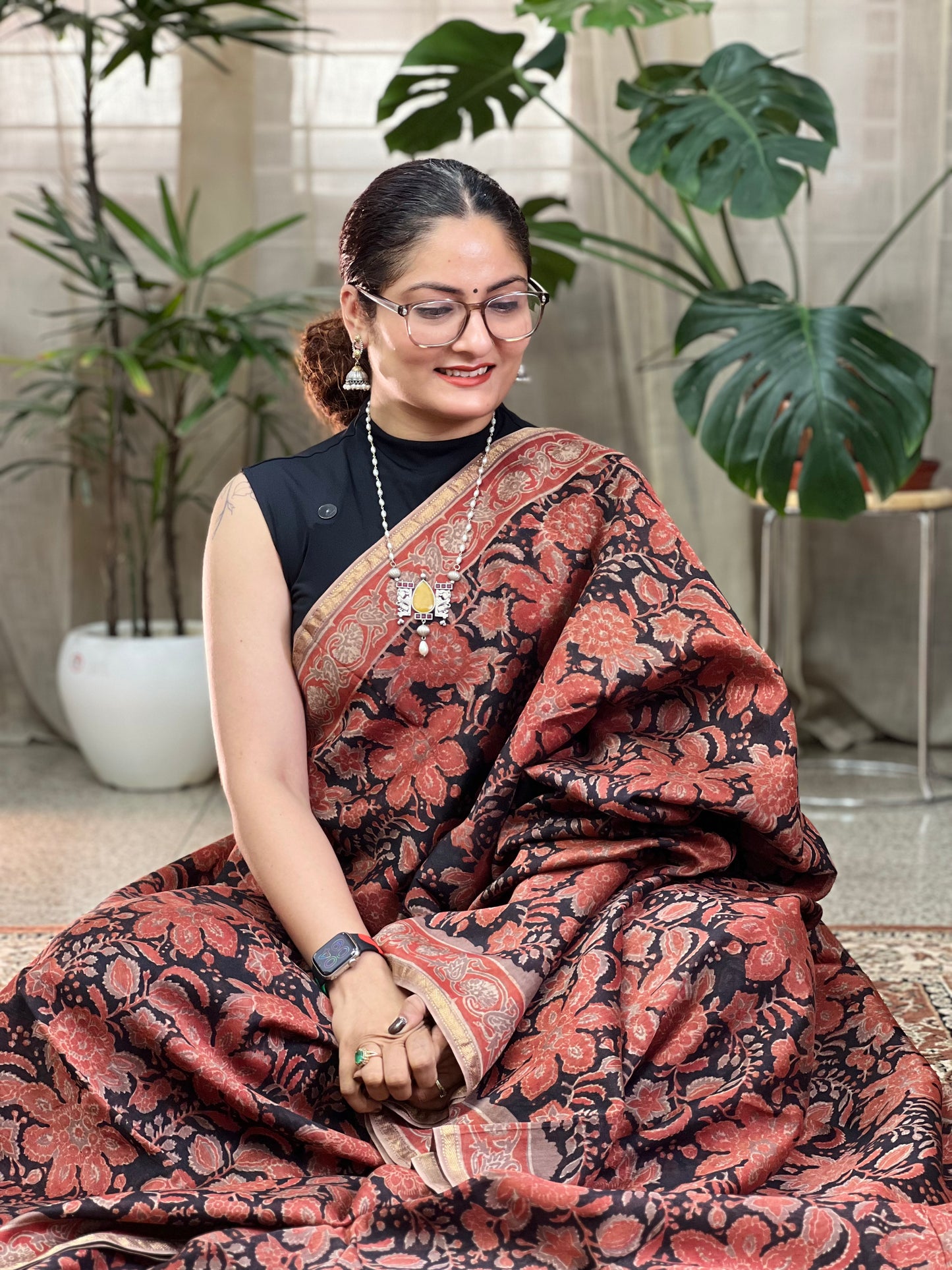 Black Red Printed Cotton Silk Saree