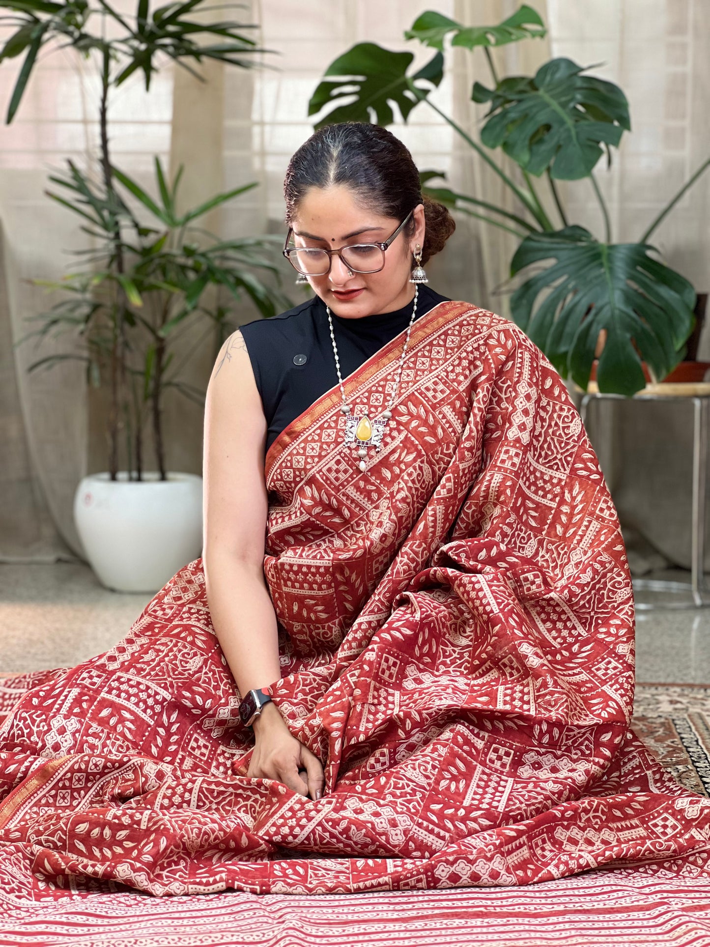 Red Printed Handblock Print Cotton Silk Saree