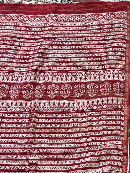 Red Printed Handblock Print Cotton Silk Saree