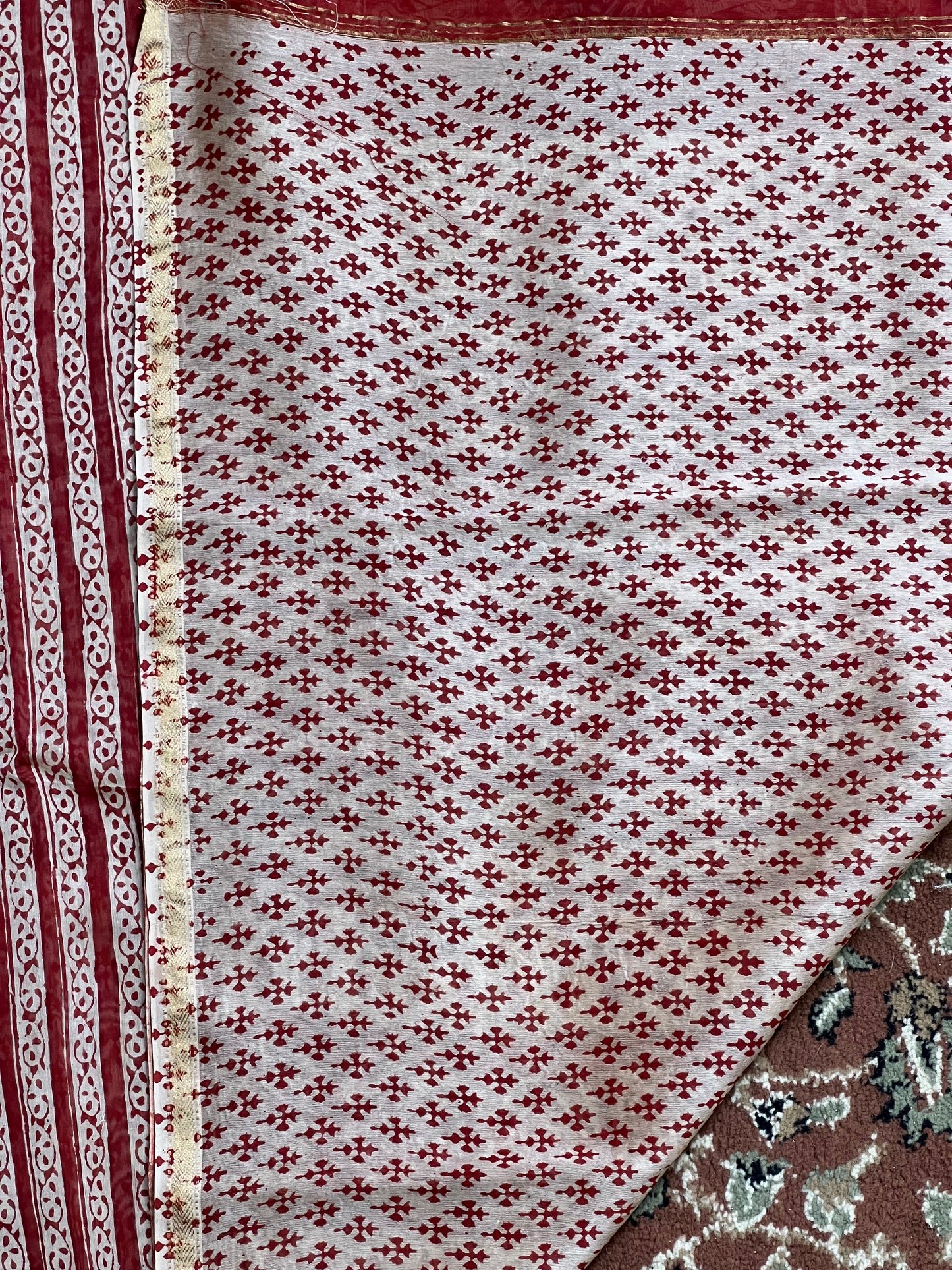 Red Printed Handblock Print Cotton Silk Saree