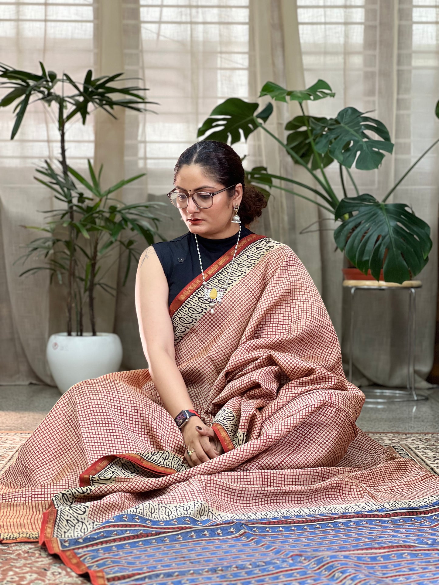 Beige Red Printed Cotton silk Saree