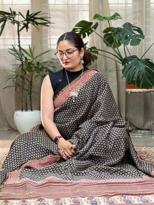 Black Printed Cotton Silk Saree