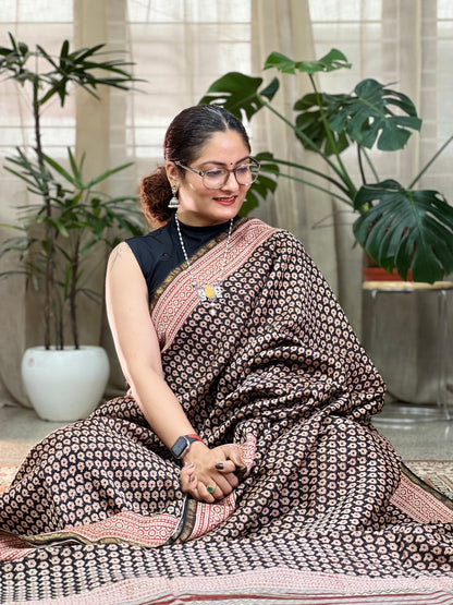 Black Printed Cotton Silk Saree