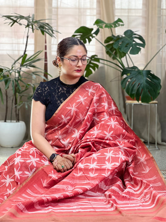 Red Shibori Cotton Silk Saree