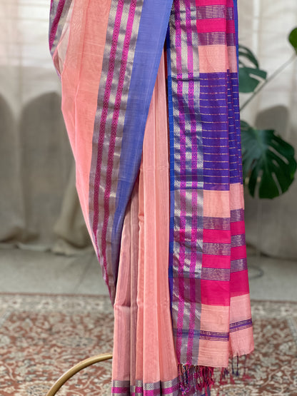 Peach Maheshwari Silk Cotton saree