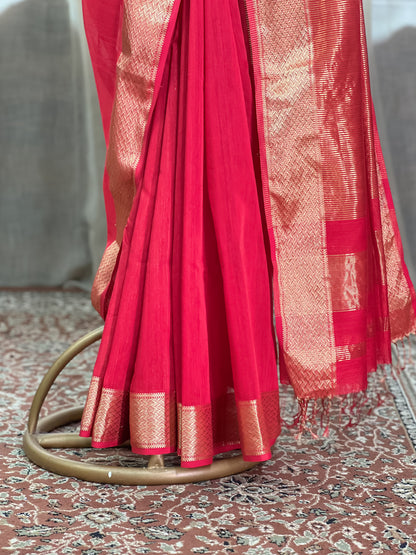 Red Maheshwari Silk Cotton Saree