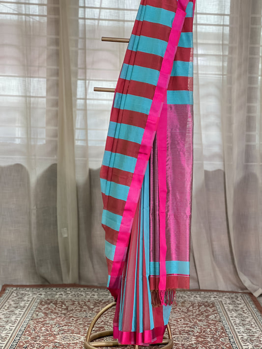 Pink Blue Maheshwari Silk Cotton saree